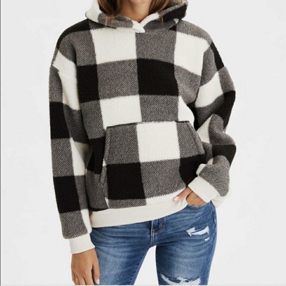 American Eagle Sherpa Fleece Black and White Checkered Pullover Hoodie